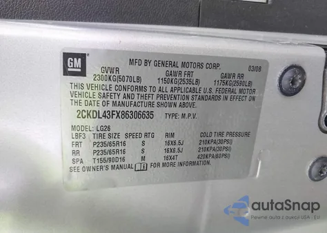 2008 Pontiac Torrent из США, поврежденный, VIN 2CKDL43FX86306635